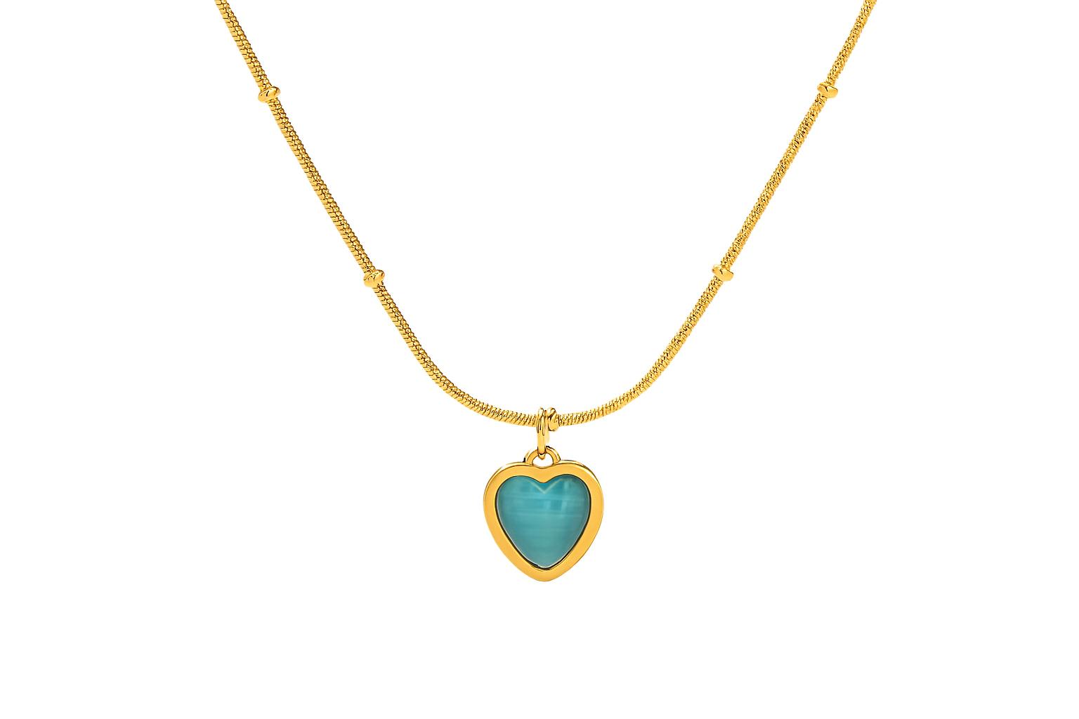 CALISTA Gold Necklace with heart-shaped blue stone pendant on white background