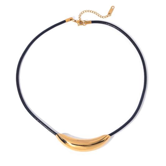 FIORENZA Gold Necklace with curved gold centrepiece on black cord – white background
