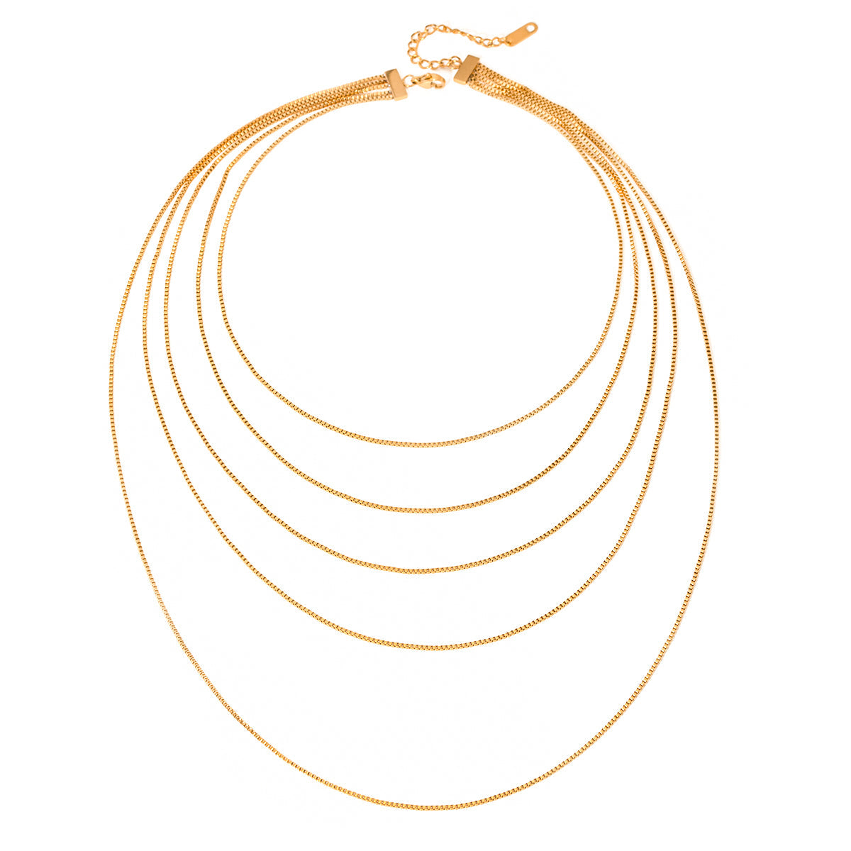 GOLDEN HORIZON Necklace with five-layer gold box chain design – white background