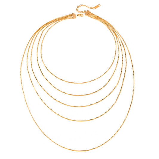 GOLDEN HORIZON Necklace with five-layer gold box chain design – white background