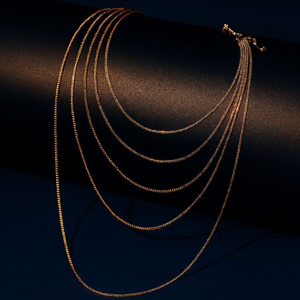 GOLDEN HORIZON Necklace with five-layer gold box chain design – dark display background