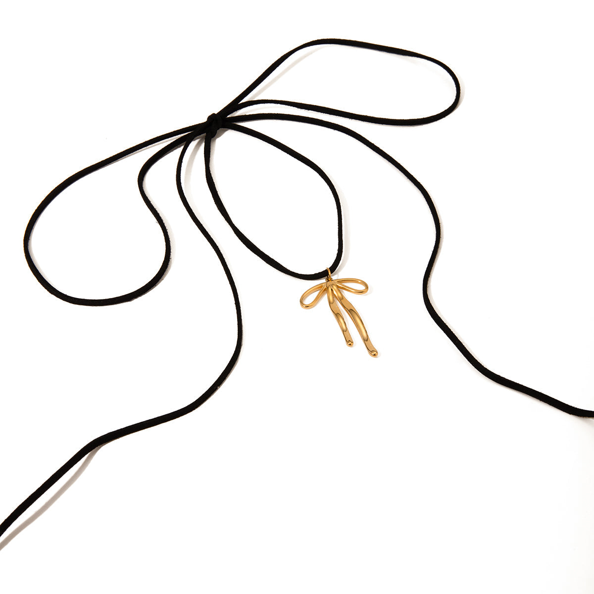 SAVINA Gold Necklace with bow pendant on black rope – white background

