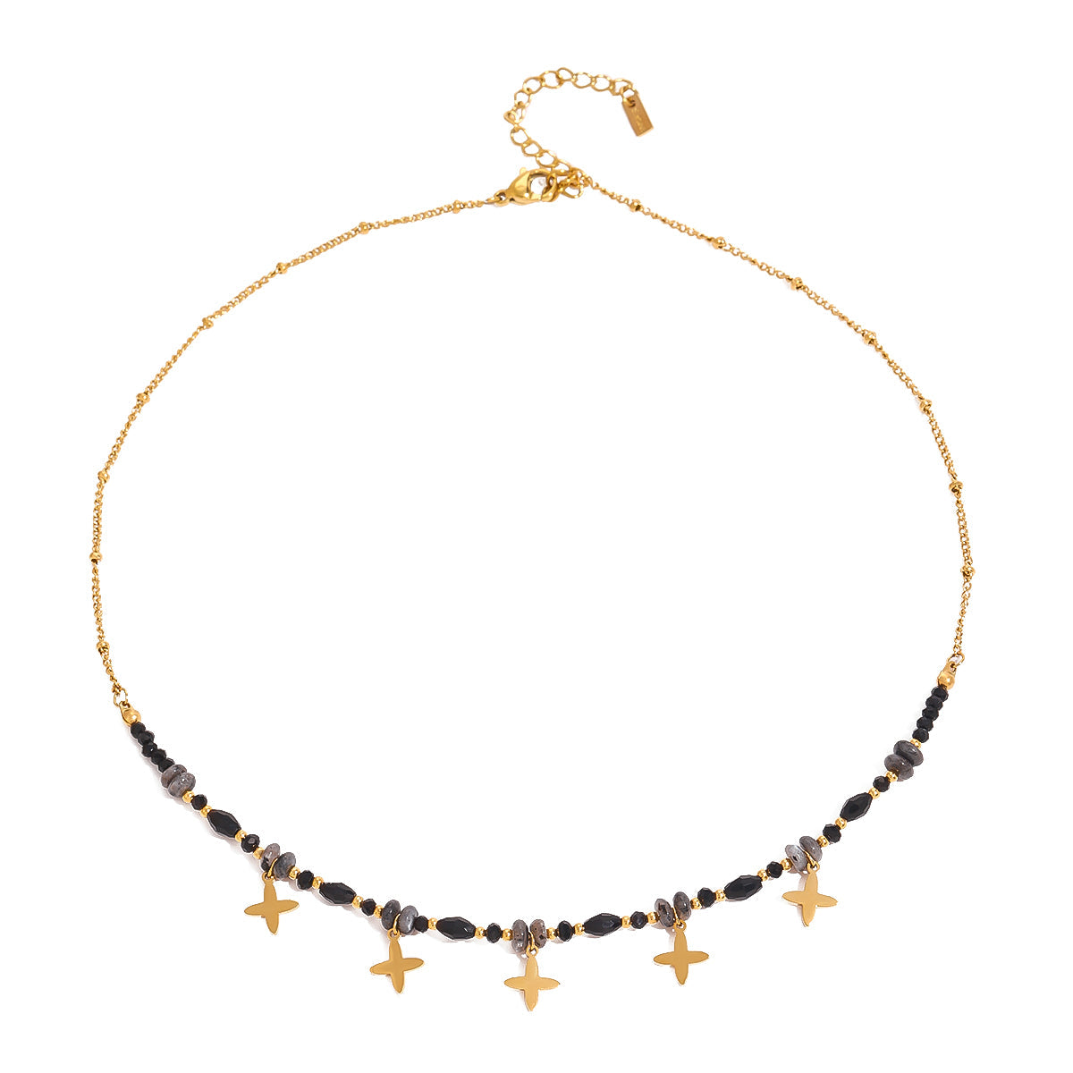Xen Gold Necklace – 18K PVD Gold Plated Stainless Steel with Black Crystal Beads and Star Charms on white background