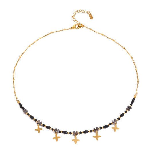 Xen Gold Necklace – 18K PVD Gold Plated Stainless Steel with Black Crystal Beads and Star Charms on white background