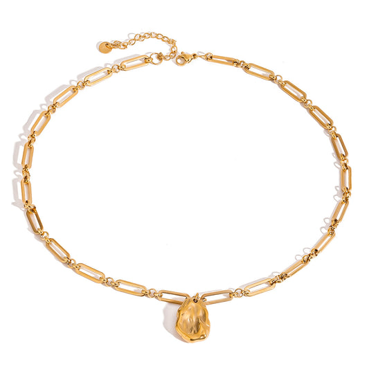 Juno Gold Necklace with bold link chain and hammered pendant, 18K PVD gold plated stainless steel, flat lay on white background