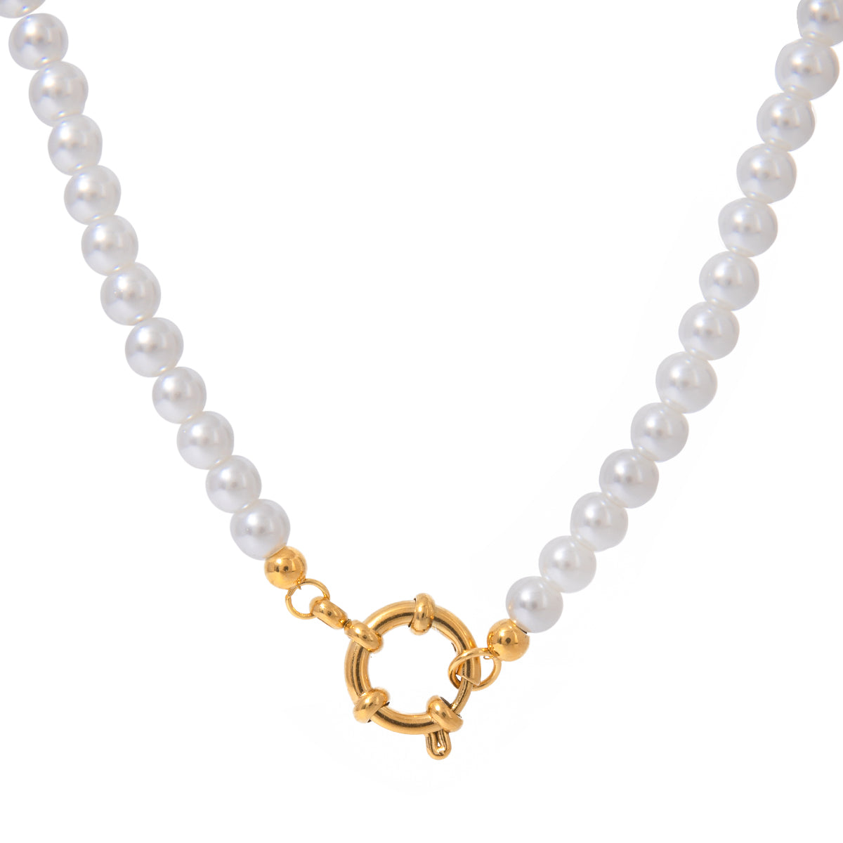 FLAIR Gold Necklace with glass pearls and gold sailor clasp on white background