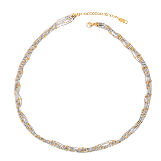 Dusk Gold Necklace – two-tone multi-layer snake chain with bead detailing on white background
