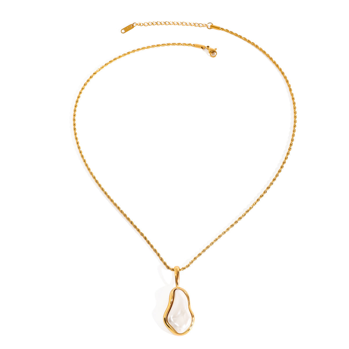 Sierra Gold Necklace – organic pearl pendant in gold frame on white background