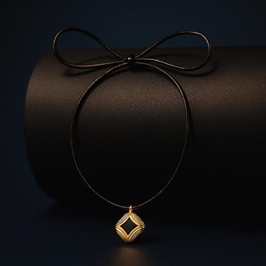 Rune Gold Necklace – black cord tied in a bow with gold geometric pendant displayed on black matte roll with navy backdropbackground