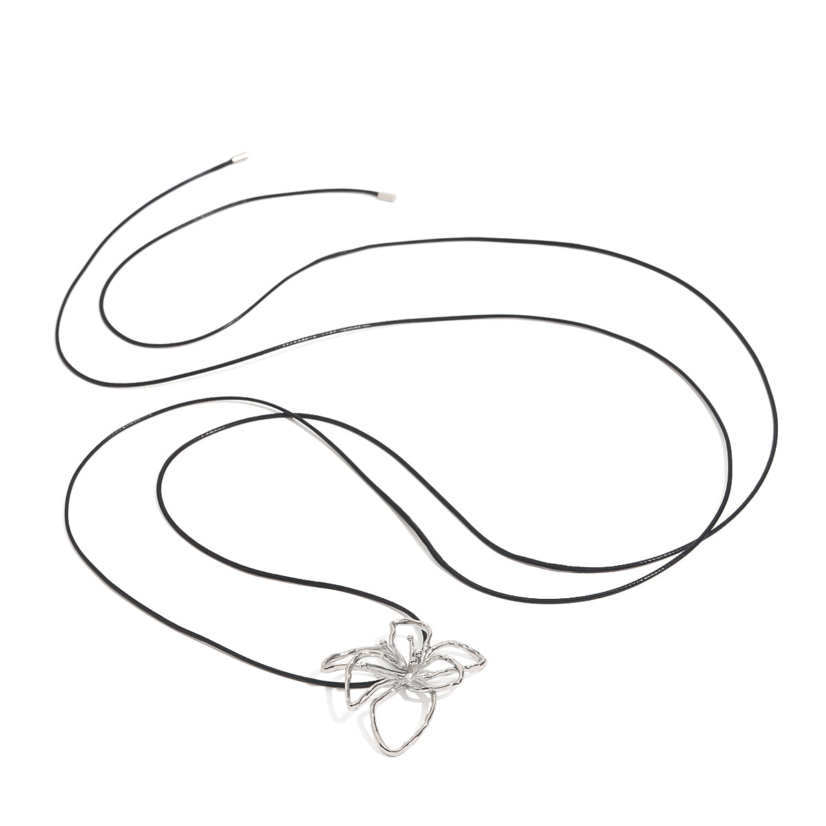 Quinn Silver Necklace – black cord with sculptural silver wire flower pendant on white background