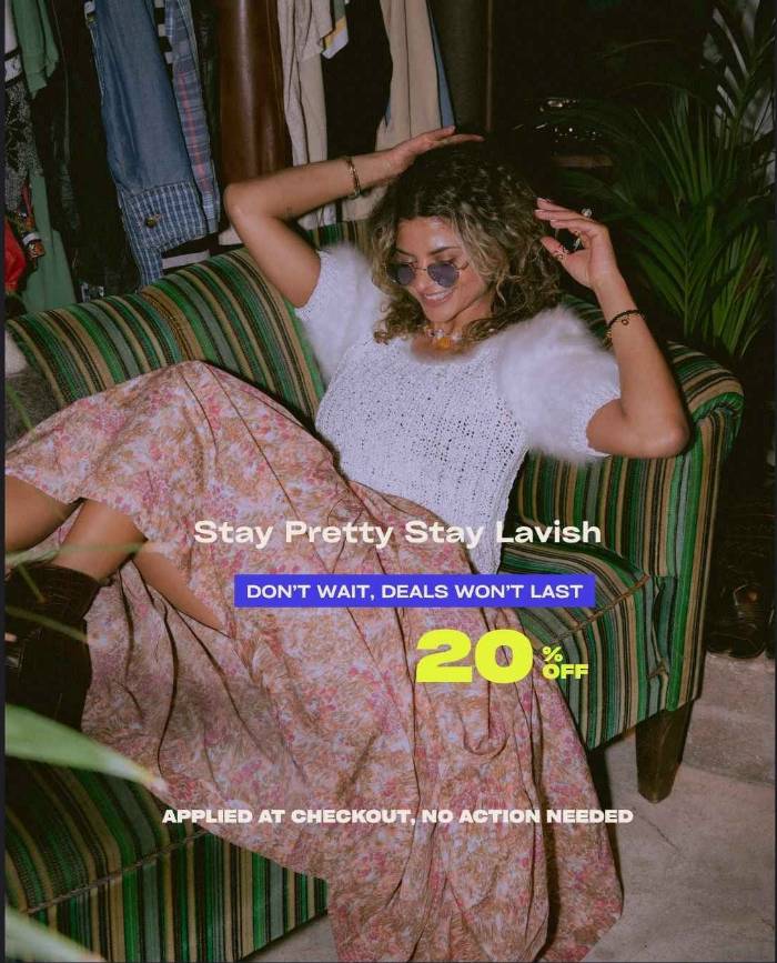 Woman sitting on a striped chair with promotional text overlay- Stay Pretty Stay Lavish