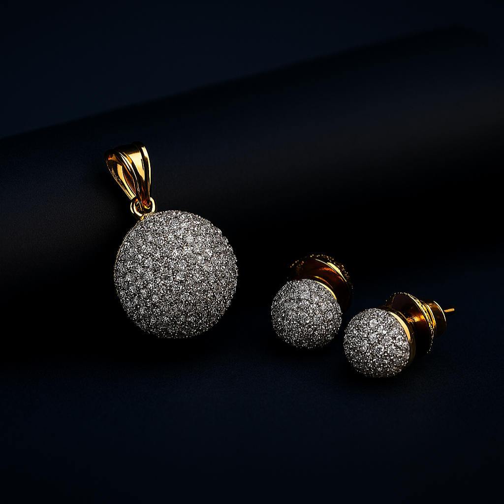 Micro Setting AD Pendant Golden Set – luxury jewellery photo on black matte cylindrical surface