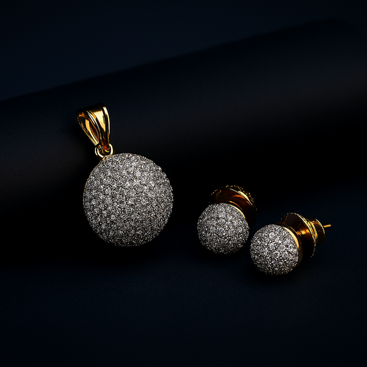Micro Setting AD Pendant Golden Set – luxury jewellery photo on black matte cylindrical surface
