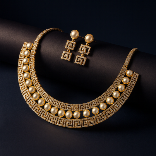  Flat-lay of Fiamma Pura pearl necklace set on matte black cylindrical surface with editorial lighting