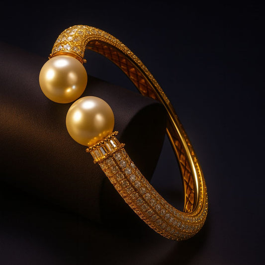 Editorial photo of Lucina Ray on black roll – glowing gold with pearls