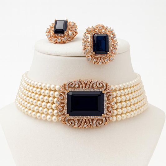  Chiara statement choker necklace set displayed on white bust with gold & pearl detailing