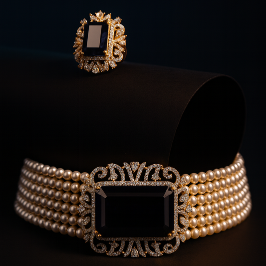 Chiara pearl choker laid on dark cylindrical surface under editorial lighting with focus on ornate centrepiece

