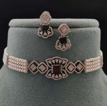 Heer Luxe Set pearl and black AD choker on teal bust display