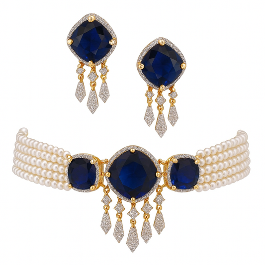 Close-up of earrings and choker showcasing detailing on white background