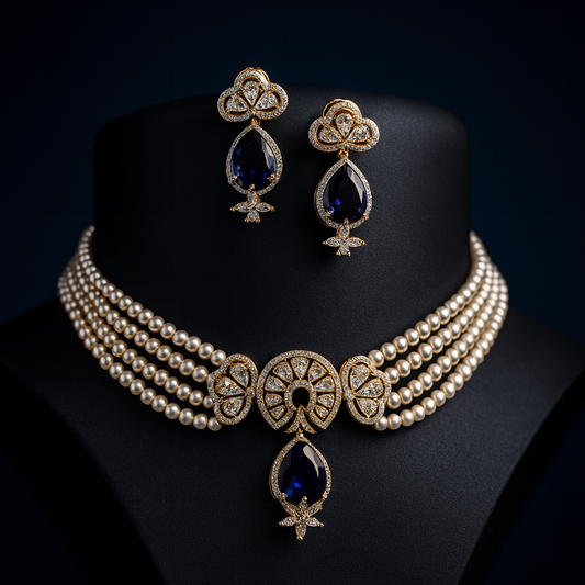 Silvia fancy pearl choker set styled on black bust with editorial spotlight