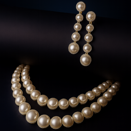Sole Dorato pearl set flat-laid on black cylindrical surface with soft gold lighting