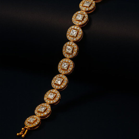 Delicate gold-tone bracelet with round American diamond accents, featuring a lightweight 17.5cm design for elegant festive or everyday wear.