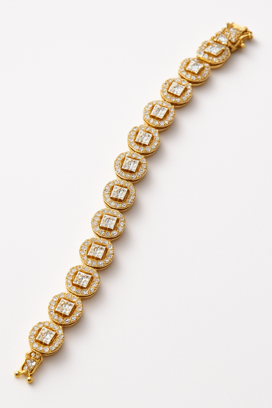 Delicate gold-tone bracelet with round American diamond accents, featuring a lightweight 17.5cm design for elegant festive or everyday wear.