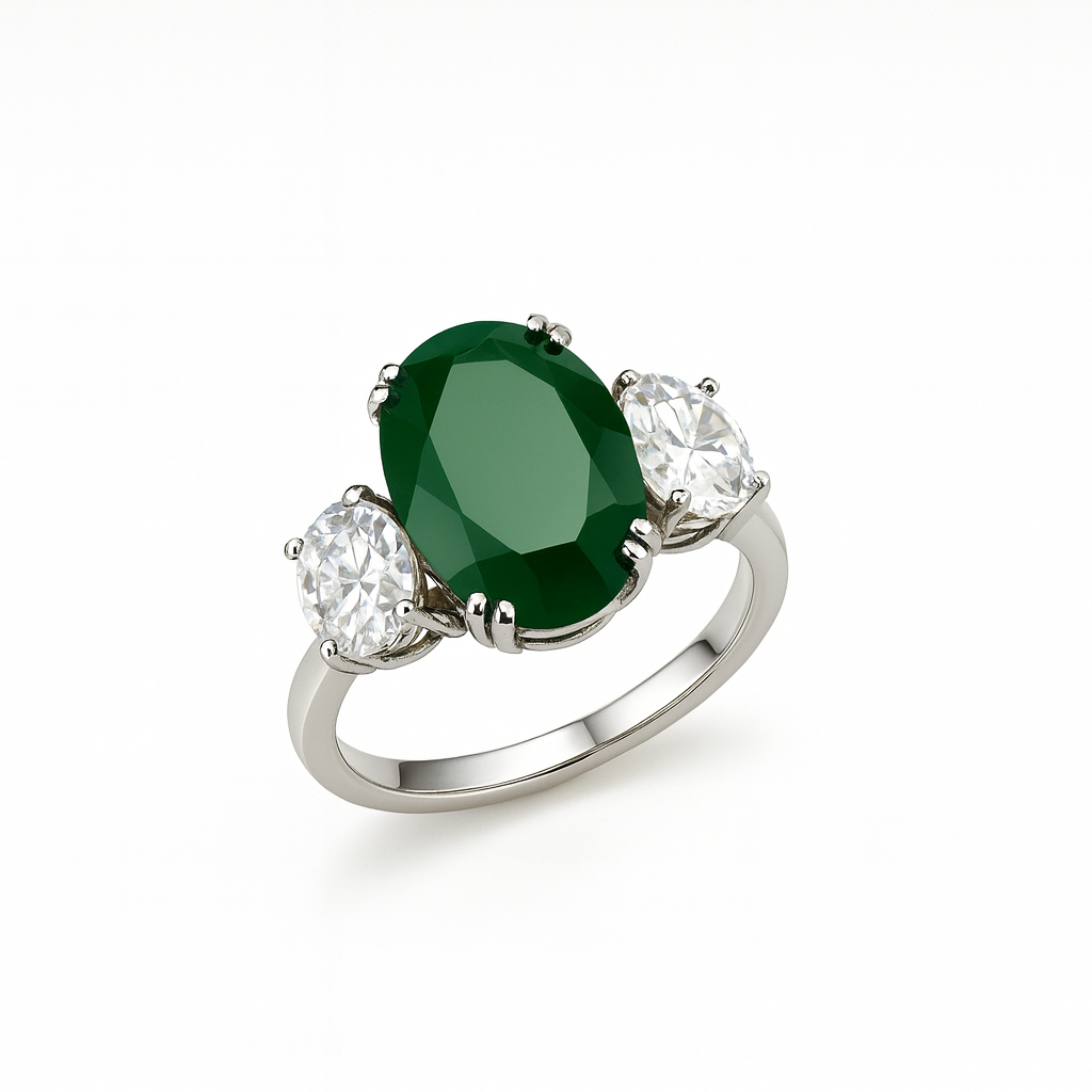 Studio shot of emerald green finger ring with sparkling CZ stones