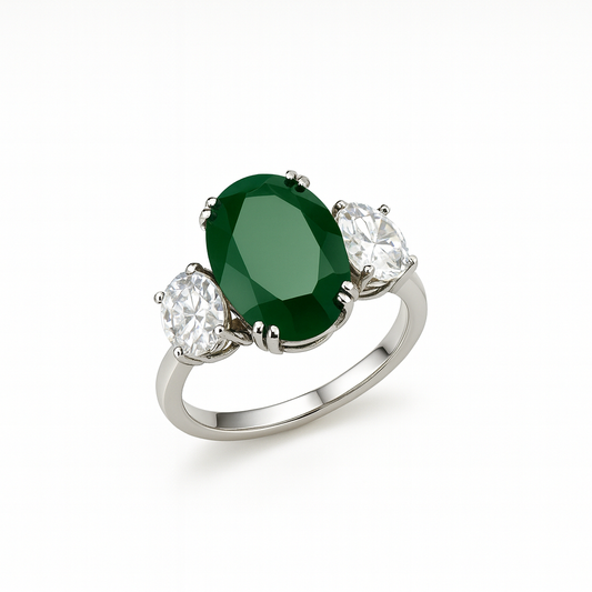 Studio shot of emerald green finger ring with sparkling CZ stones