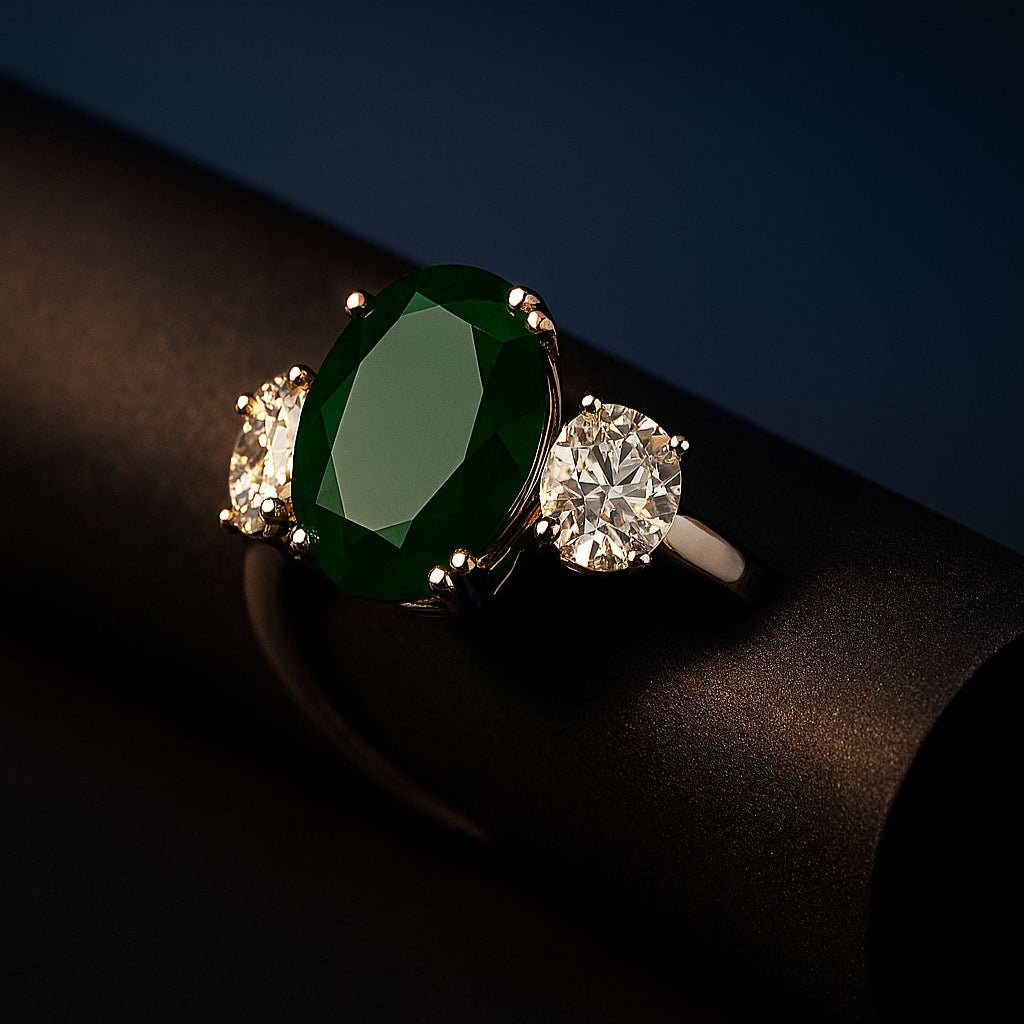 Luxurious black background view of green CZ ring with oxidised finish

