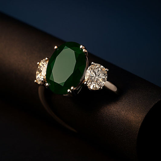 Luxurious black background view of green CZ ring with oxidised finish

