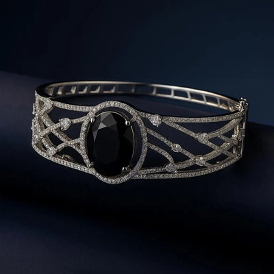 Aemilia Pearl – Elegant CZ Kada - LAVISH JEWELS Aemilia Pearl – Elegant CZ Kada | Rhodium Plated Black Stone Bracelet