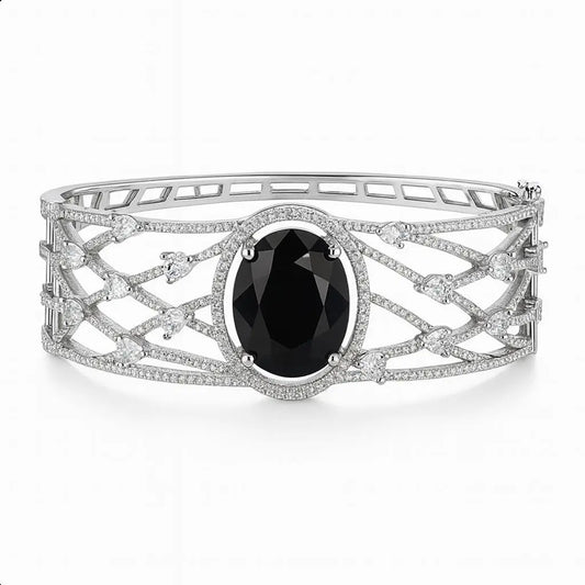 Aemilia Pearl – Elegant CZ Kada - LAVISH JEWELSAemilia Pearl – Elegant CZ Kada | Rhodium Plated Black Stone Bracelet