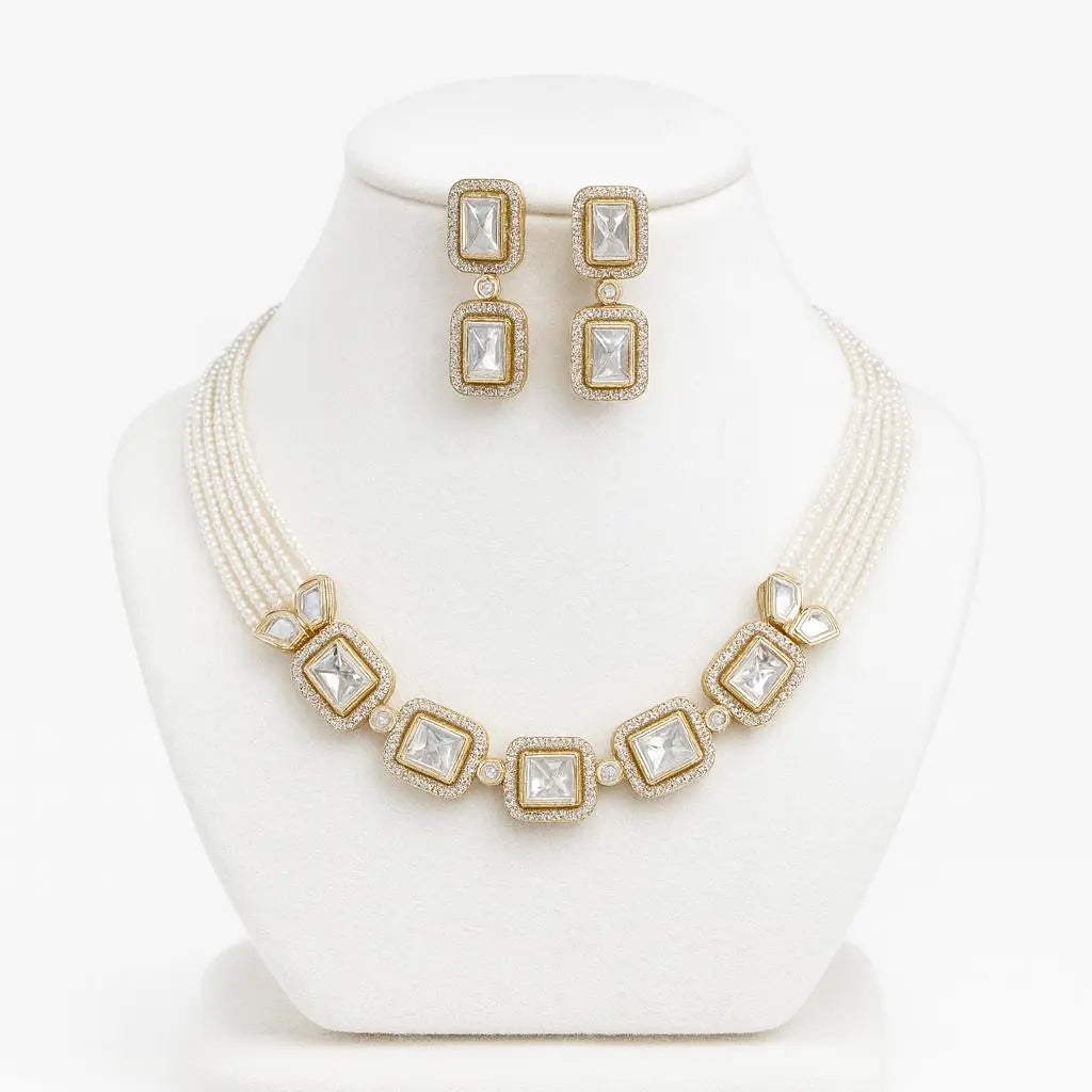 Amore – Pearl Kundan Necklace Set in GP White Plating - LAVISH JEWELSAmore – Pearl Kundan Necklace Set in GP White Plating