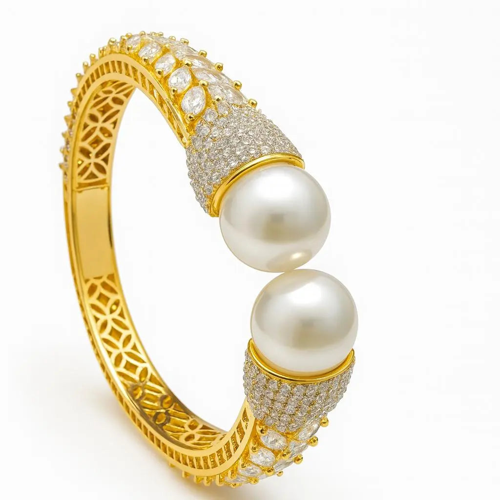Aurea Gold – Pearl Elegant AD Kada - LAVISH JEWELSAurea Gold – Pearl Elegant AD Kada | Gold White Plated Dual Pearl Bangle