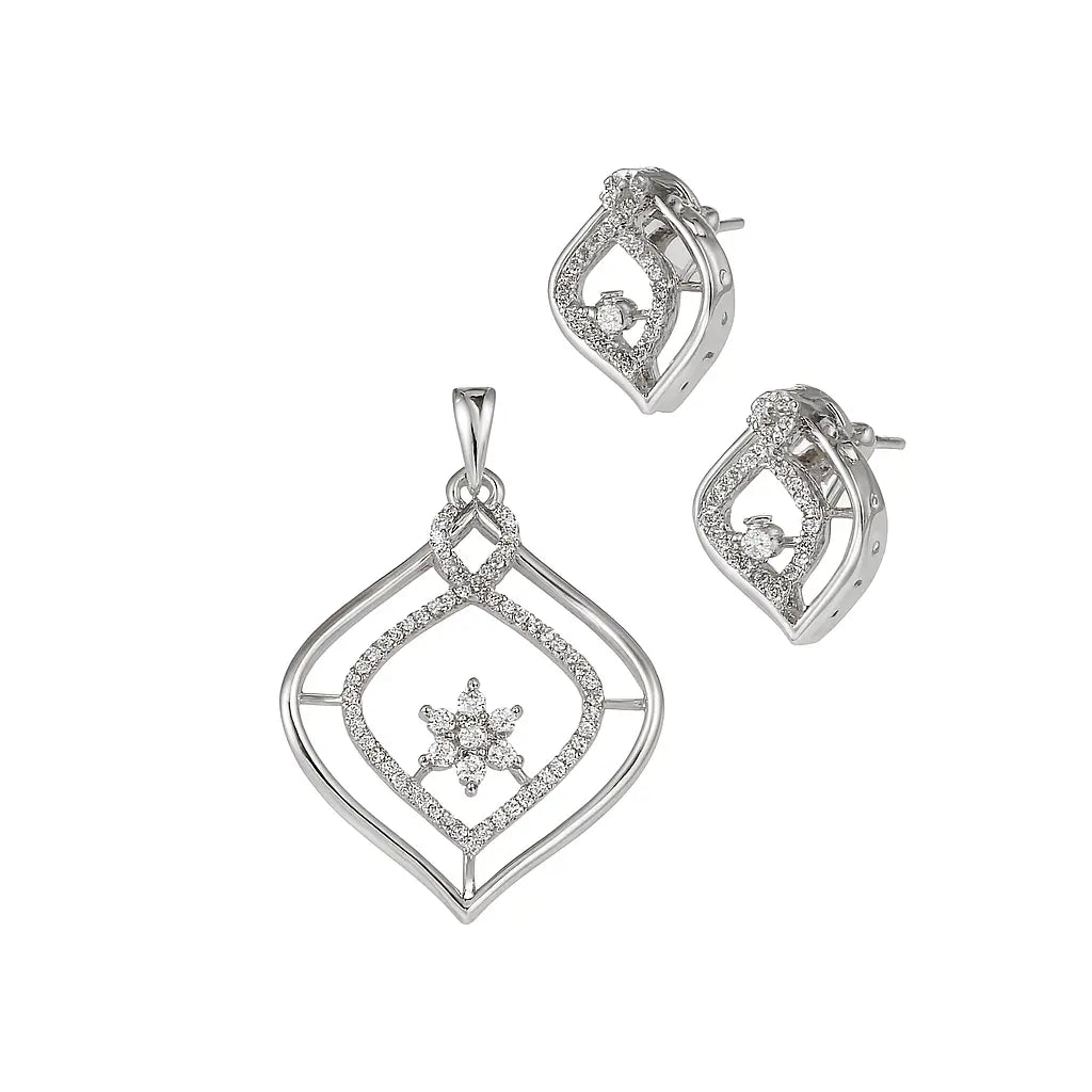 Beautiful CZ White Pendant Set – Rhodium - Plated Brass with Sparkling Cubic Zirconia - LAVISH JEWELSPendant Sets