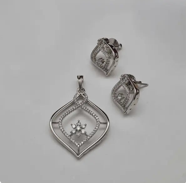 Beautiful CZ White Pendant Set – Rhodium - Plated Brass with Sparkling Cubic Zirconia - LAVISH JEWELSPendant Sets