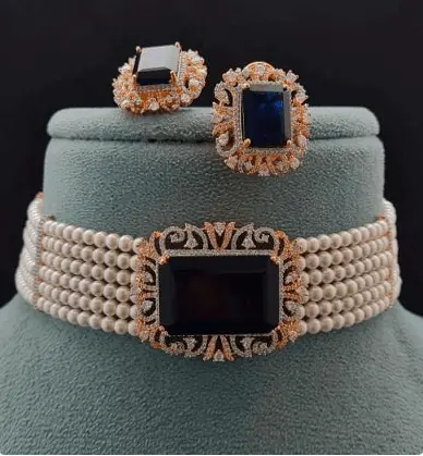 Chiara – Pearl Choker with Blue CZ & Adjustable Fit in GJ Plating - LAVISH JEWELSChiara – Pearl Choker with Blue CZ & Adjustable Fit in GJ Plating