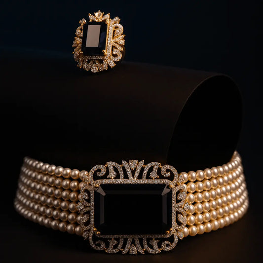 Chiara – Pearl Choker with Blue CZ & Adjustable Fit in GJ Plating - LAVISH JEWELSChiara – Pearl Choker with Blue CZ & Adjustable Fit in GJ Plating