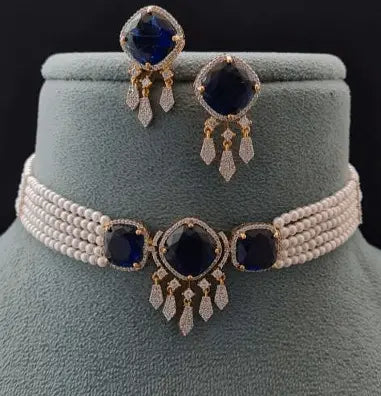 Eclat Noir Set – Pearl Fancy Blue Stone AD Choker - LAVISH JEWELSEclat Noir Set – Pearl Fancy Blue Stone AD Choker | Gold - Plated Designer Jewellery