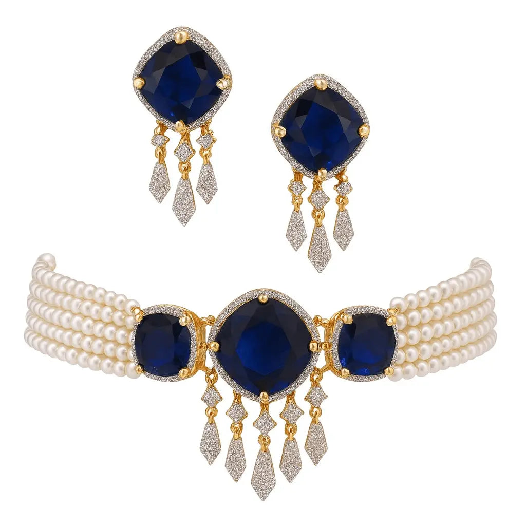 Eclat Noir Set – Pearl Fancy Blue Stone AD Choker - LAVISH JEWELSEclat Noir Set – Pearl Fancy Blue Stone AD Choker | Gold - Plated Designer Jewellery