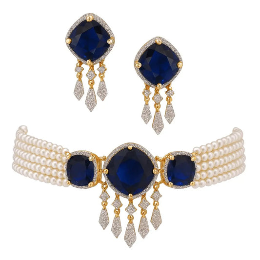 Eclat Noir Set – Pearl Fancy Blue Stone AD Choker - LAVISH JEWELSEclat Noir Set – Pearl Fancy Blue Stone AD Choker | Gold - Plated Designer Jewellery