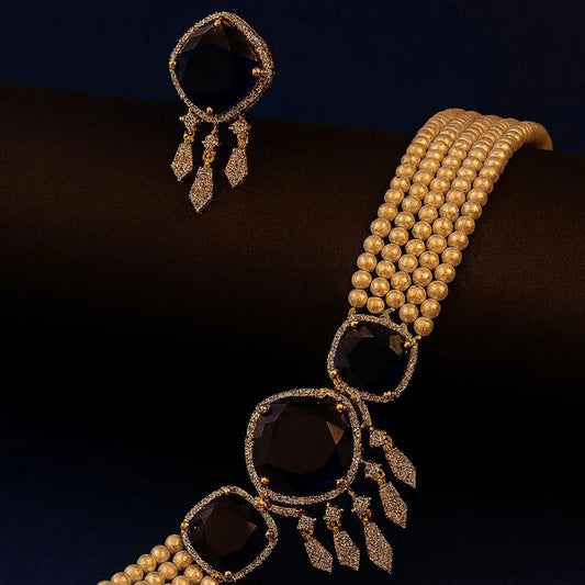 Eclat Noir Set – Pearl Fancy Blue Stone AD Choker - LAVISH JEWELSEclat Noir Set – Pearl Fancy Blue Stone AD Choker | Gold - Plated Designer Jewellery