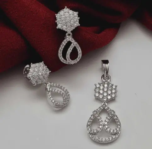 Elegant CZ Silver Pendant Set (No Chain) – Rhodium - Plated Brass Jewellery with Matching Earrings - LAVISH JEWELS