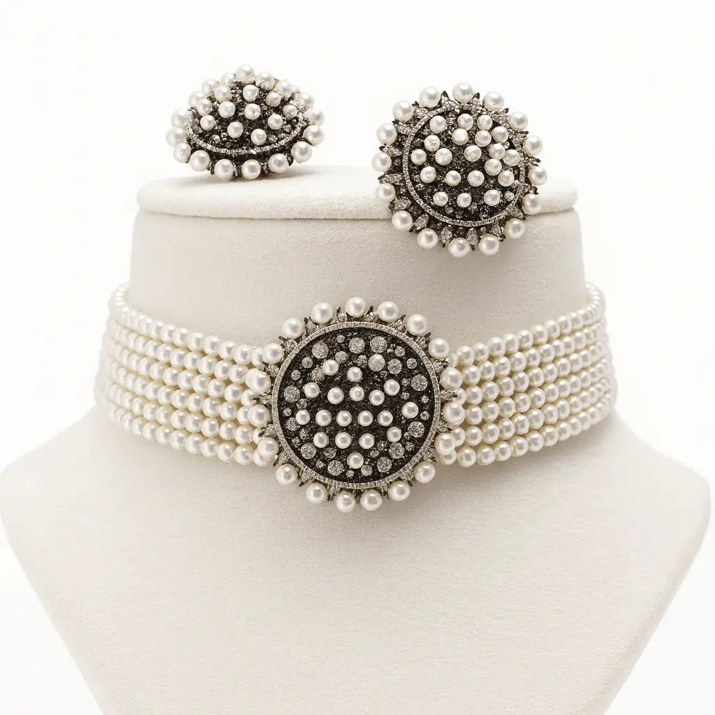 Empress Halo – Elegant Pearl AD Choker Set - LAVISH JEWELSEmpress Halo – Elegant Pearl AD Choker Set | Black Oxidised Plated Bridal Jewellery