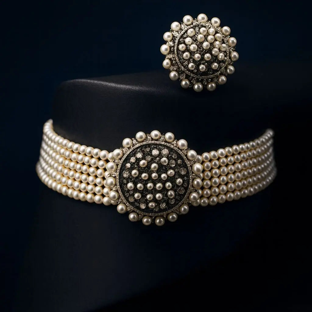 Empress Halo – Elegant Pearl AD Choker Set - LAVISH JEWELSEmpress Halo – Elegant Pearl AD Choker Set | Black Oxidised Plated Bridal Jewellery