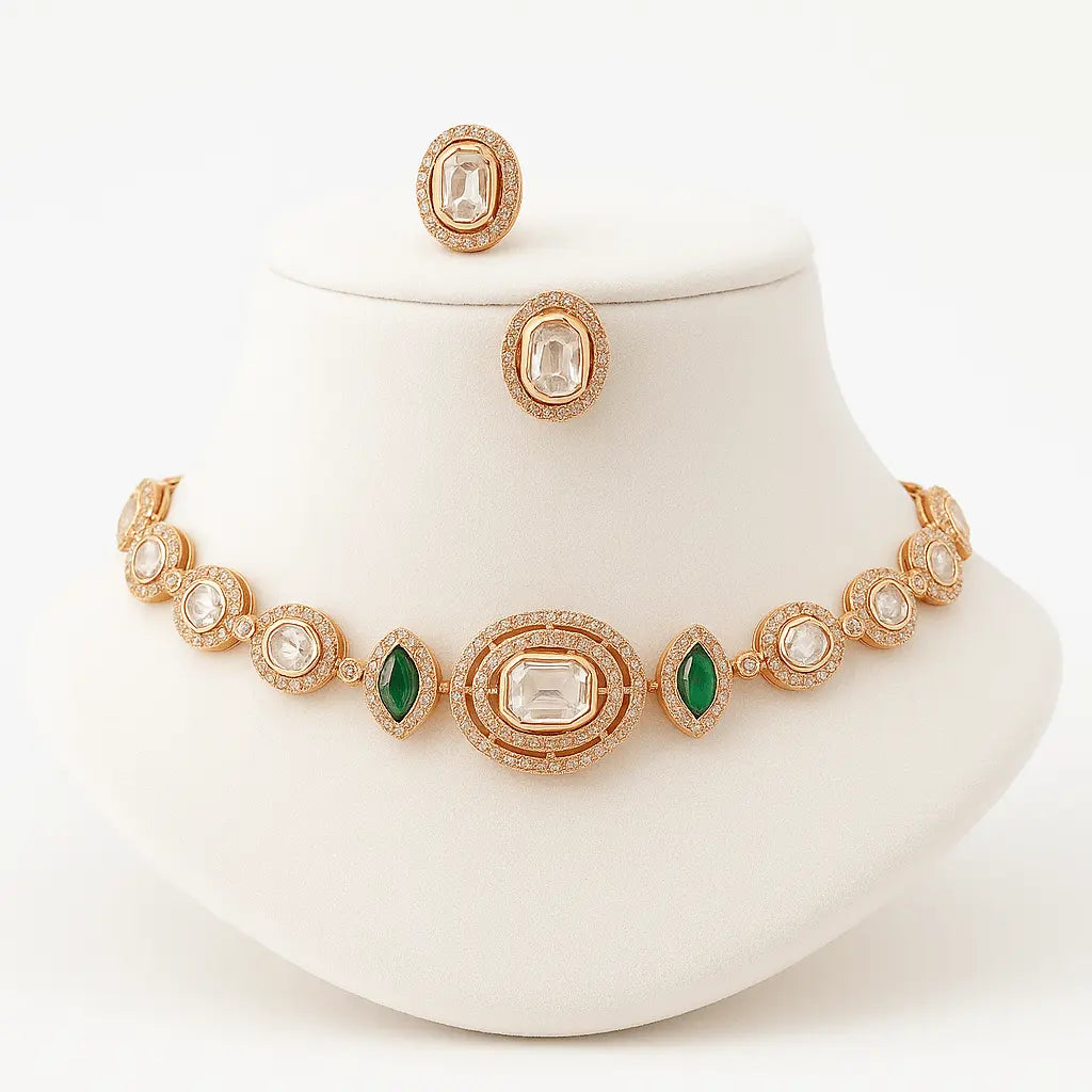 Esha Eternelle – Delicate AD Choker Set - LAVISH JEWELSEsha Eternelle – Delicate AD Choker Set | Gold - Plated Green & White CZ Necklace
