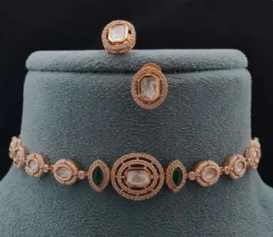 Esha Eternelle – Delicate AD Choker Set - LAVISH JEWELSEsha Eternelle – Delicate AD Choker Set | Gold - Plated Green & White CZ Necklace