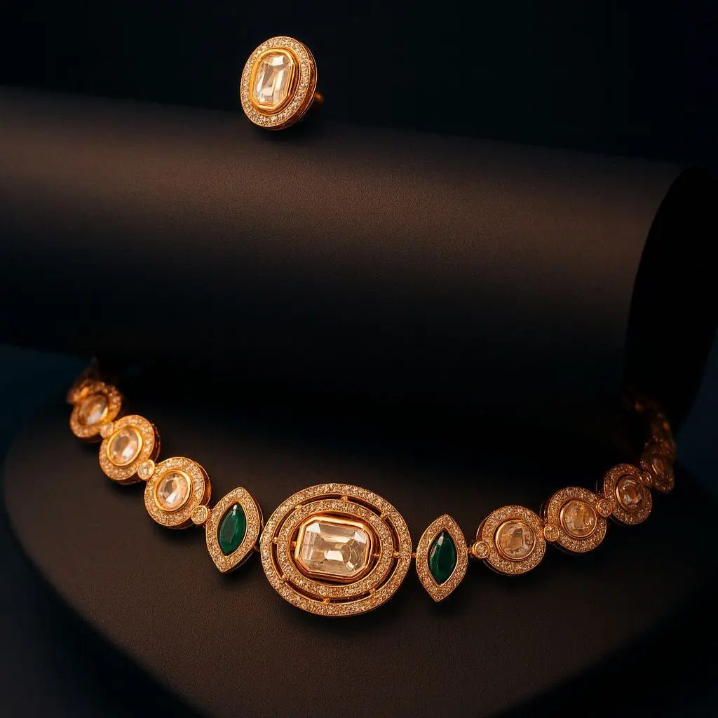 Esha Eternelle – Delicate AD Choker Set - LAVISH JEWELSEsha Eternelle – Delicate AD Choker Set | Gold - Plated Green & White CZ Necklace