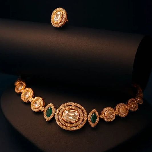 Esha Eternelle – Delicate AD Choker Set - LAVISH JEWELSEsha Eternelle – Delicate AD Choker Set | Gold - Plated Green & White CZ Necklace